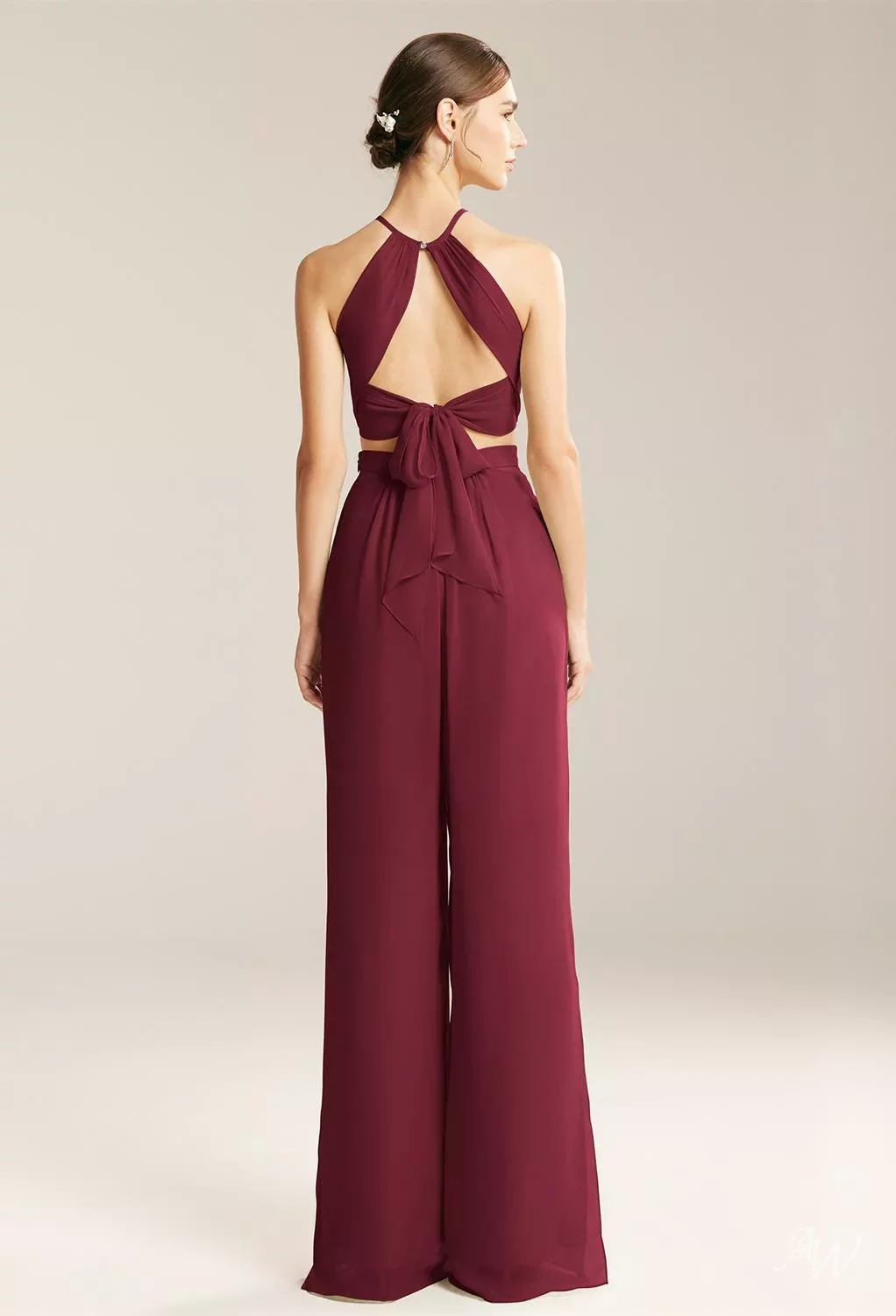 AW Lathan Pants Set, Burgundy Chiffon Floor Length Halter Neckline  Bridesmaid Dresses | AW.Bridal