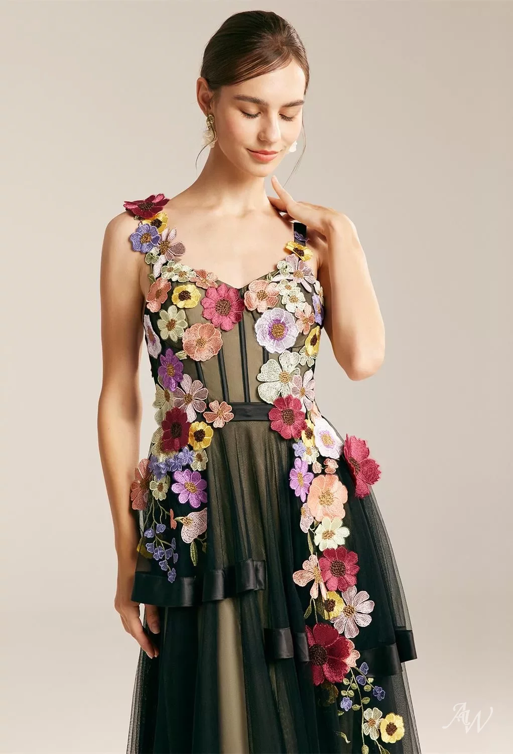 AW Patty Dress, Black Tulle Floor Length V-Neck Dresses | AW.Bridal