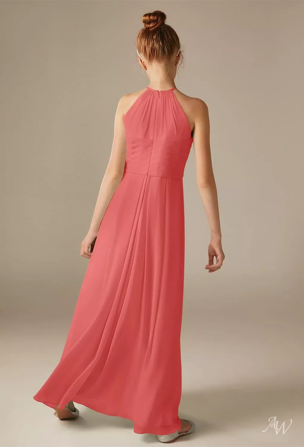 AW Penny Dress, Coral Pink Chiffon Floor Length Halter Neckline Bridesmaid  Dresses | AW.Bridal