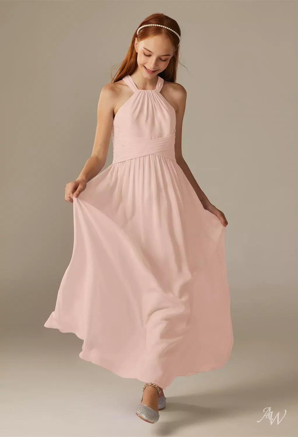 AW Phoenix Dress, Pearl Pink Chiffon Floor Length Halter Neckline Bridesmaid Dresses | AW.Bridal AW Phoenix Dress, Pearl Pink Chiffon Floor Length Halter Neckline Bridesmaid Dresses | AW.Bridal