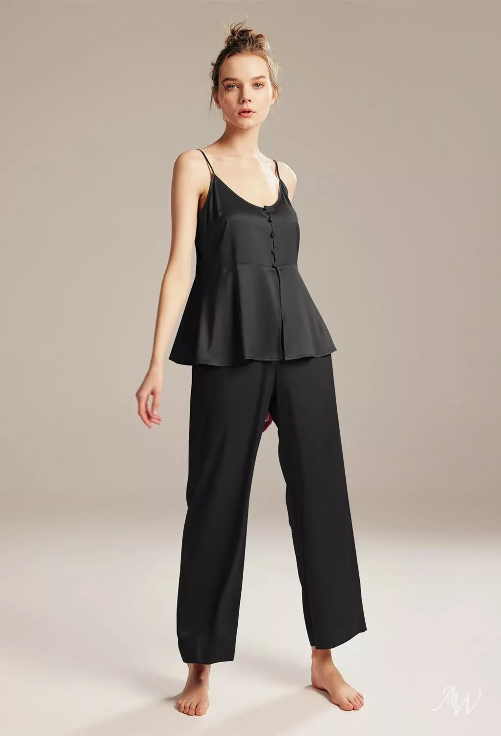 AW Satin Pajamas Ruffle Camisole Pants Set, Polyester Accessories