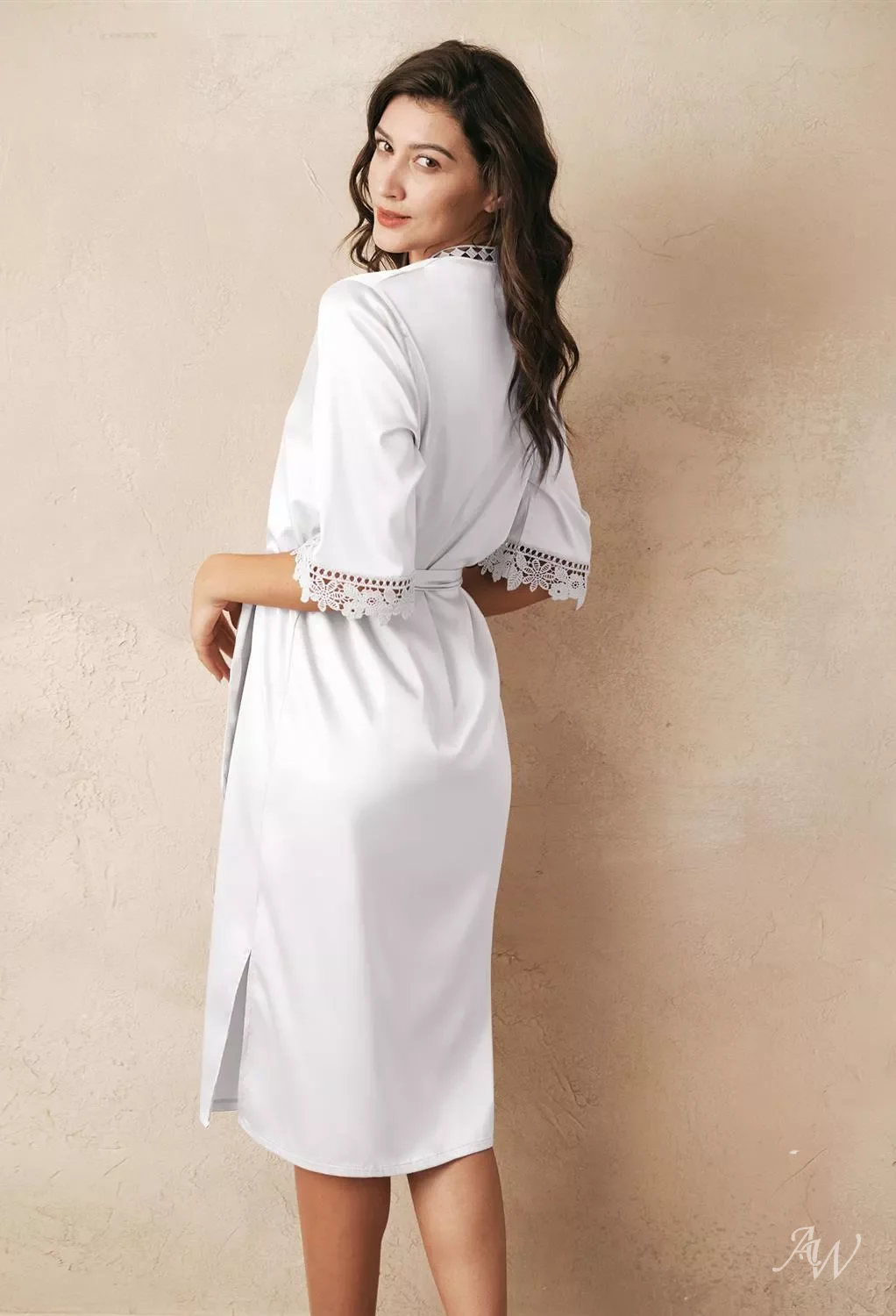 knee length dresses for ladies Sullivan Satin Bridal Robe With Lace - Ivory