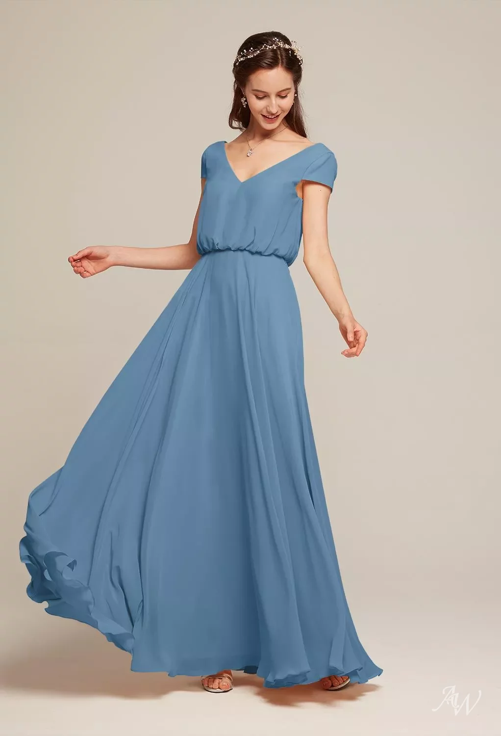 AW Pandora Dress (ready to ship), Chiffon Floor Length V-Neck Ready To Ship | AW.Bridal AW Pandora Dress (ready to ship), Chiffon Floor Length V-Neck Ready To Ship | AW.Bridal