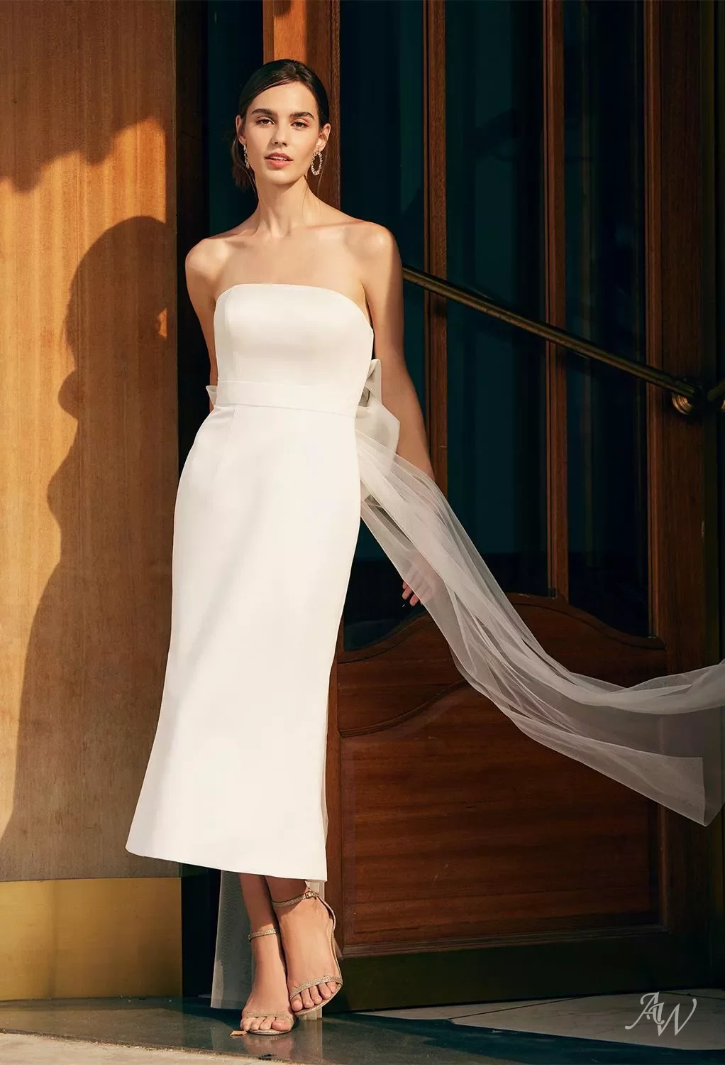 chiffon tea length straight neckline wedding dress Modern Satin V-neck A Line Tea-length Wedding Dress main image 1
