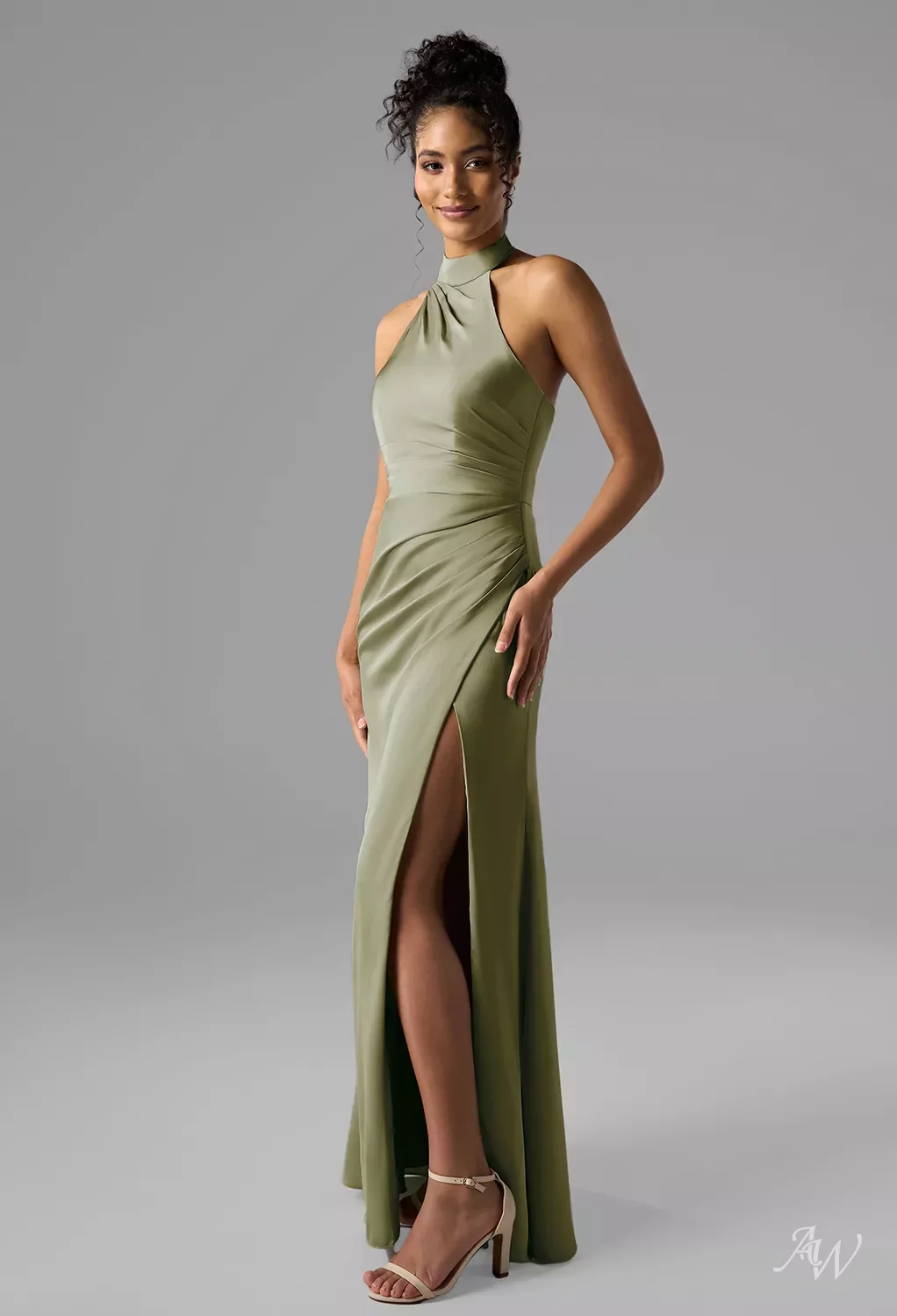 seed green dress AW.Bridal Mermaid Turtleneck Floor Length Sleeveless Satin Ruching Split Plus Size Dresses Dress Fennel Seed Size 8