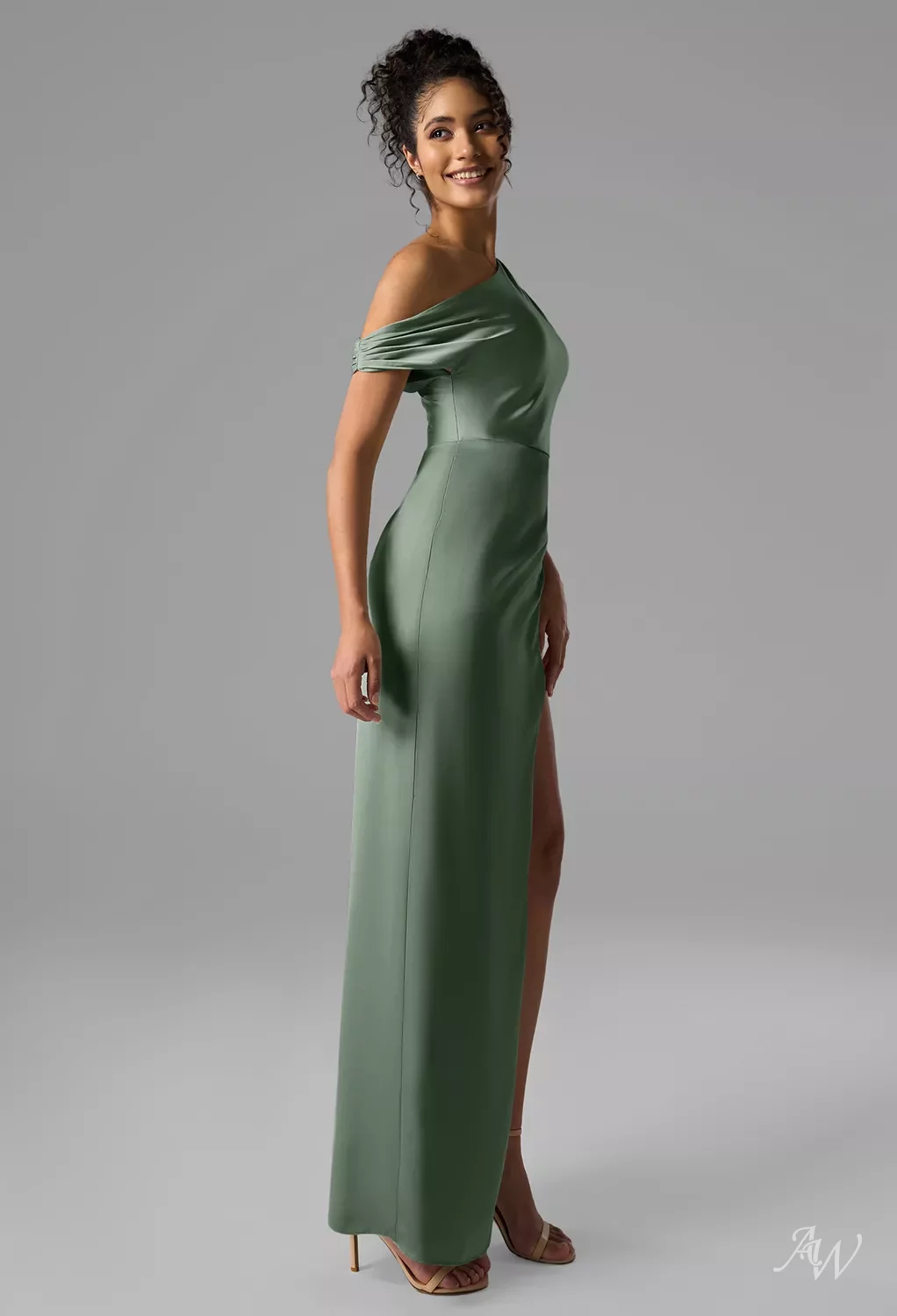 AW.Bridal Column One Shoulder Floor Length Sleeveless Satin Ruching Split Wedding Guest Dresses Dress Green Olive Size 6