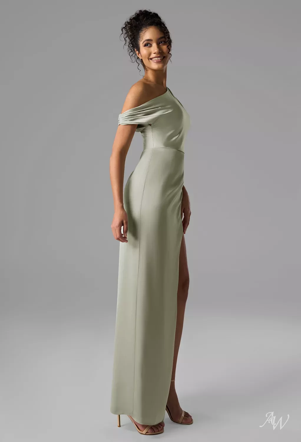 rihanna silk green dress AW.Bridal Bridesmaid Dresses Stretch Satin Column One Shoulder Floor Length Sleeveless Ruching Split Dress Hunter Green Size 8