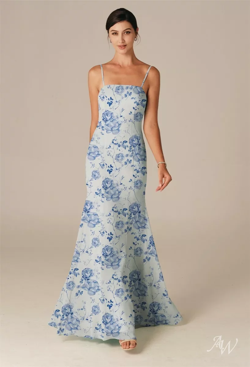 AW Myra Dress, Blue Botanical Floral Chiffon Floor Length Square Neckline  Bridesmaid Dresses | AW.Bridal