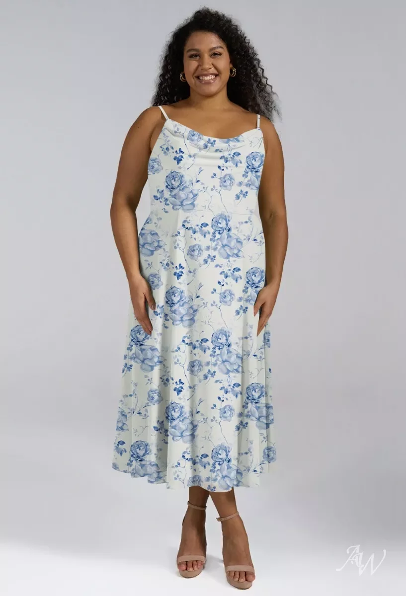 AW Maribel Dress, Blue Botanical Floral Chiffon Tea Length Cowl Neckline  Bridesmaid Dresses | AW.Bridal
