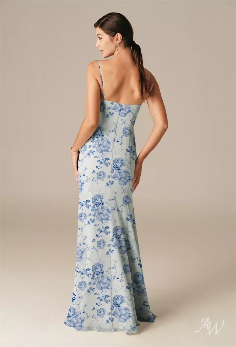AW Myra Dress, Blue Botanical Floral Chiffon Floor Length Square Neckline  Bridesmaid Dresses | AW.Bridal