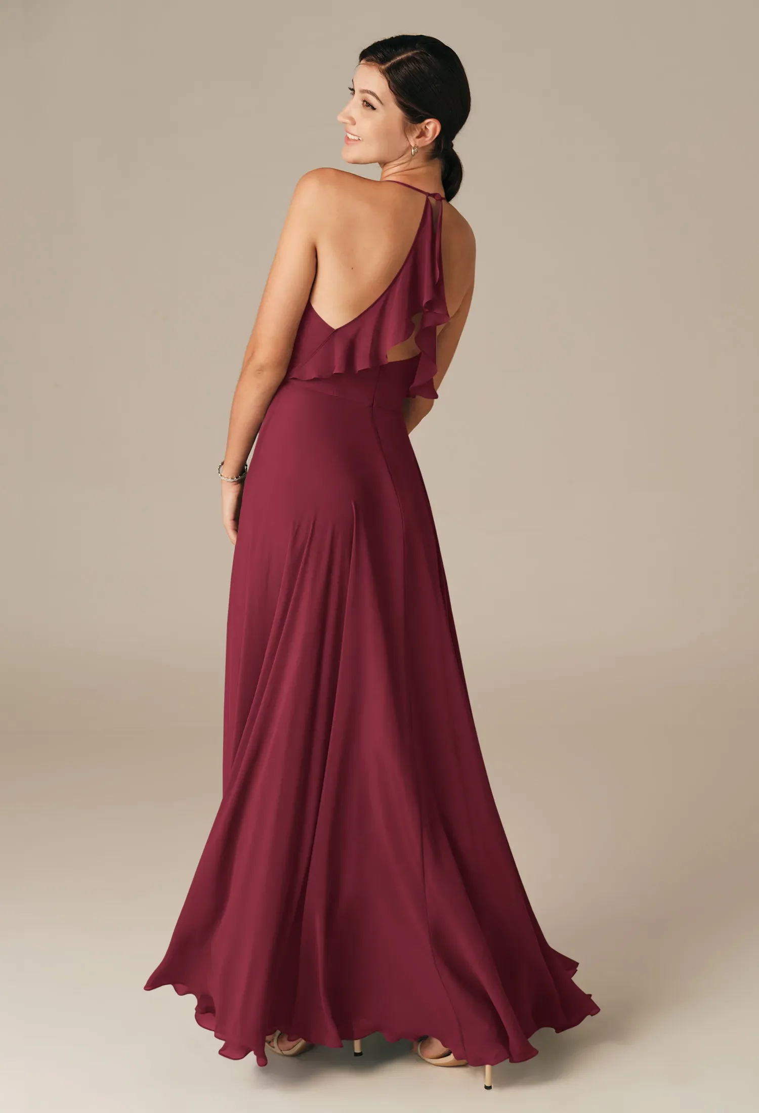 halter ruched waist georgette bridesmaid dress Kenzie Elegant Halter Ruched Floor Length Long Chiffon Bridesmaid Dresses, Dusty Purple