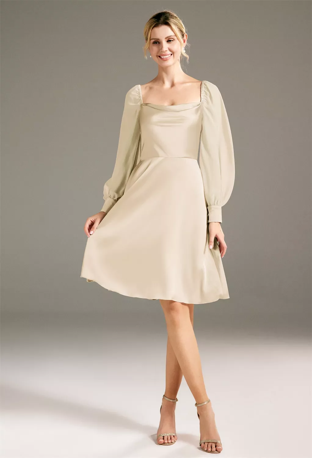 beige graduation dress Puff Sleeves Dresses FLOCKED MINI DRESS WITH stormy Size:3 - (US8-10) Versatile for grads