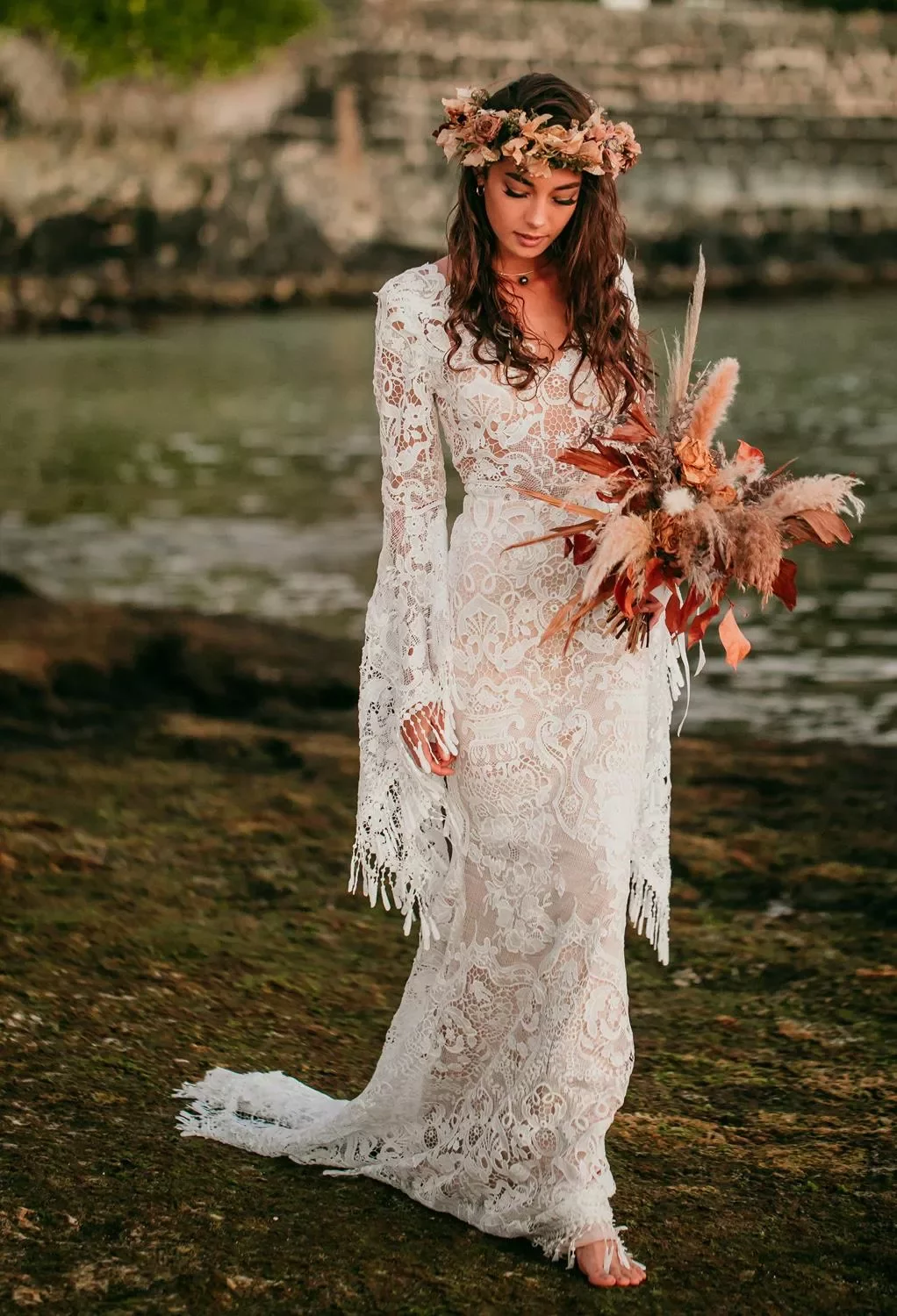 chinese dress ladies Long Sleeve Long White Wedding Dress CDS436W Off White Nude / 2 main image 1