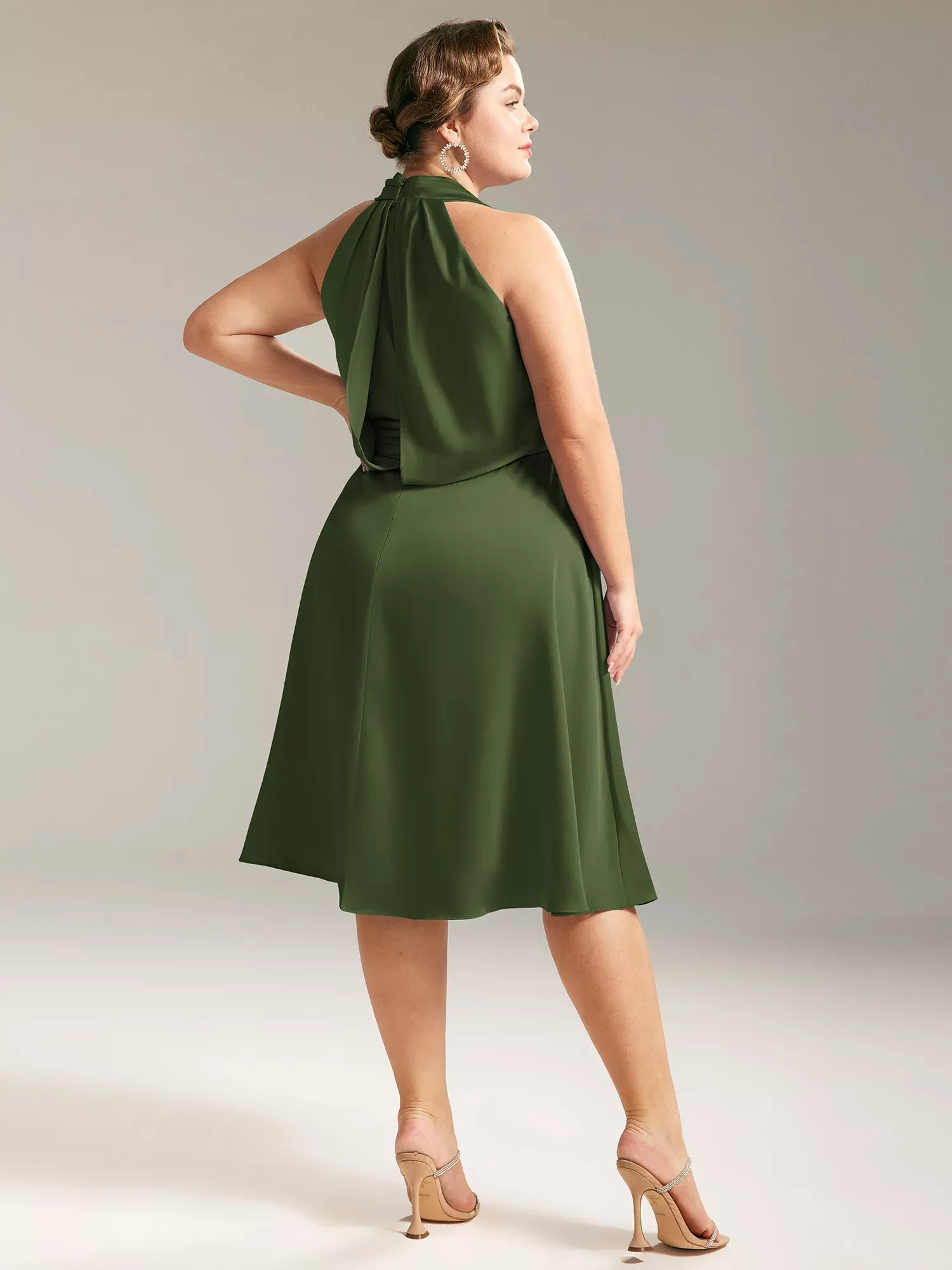 AW Mercy Dress, Taupe Satin Charmeuse Knee Length Halter Neckline  Bridesmaid Dresses | AW.Bridal