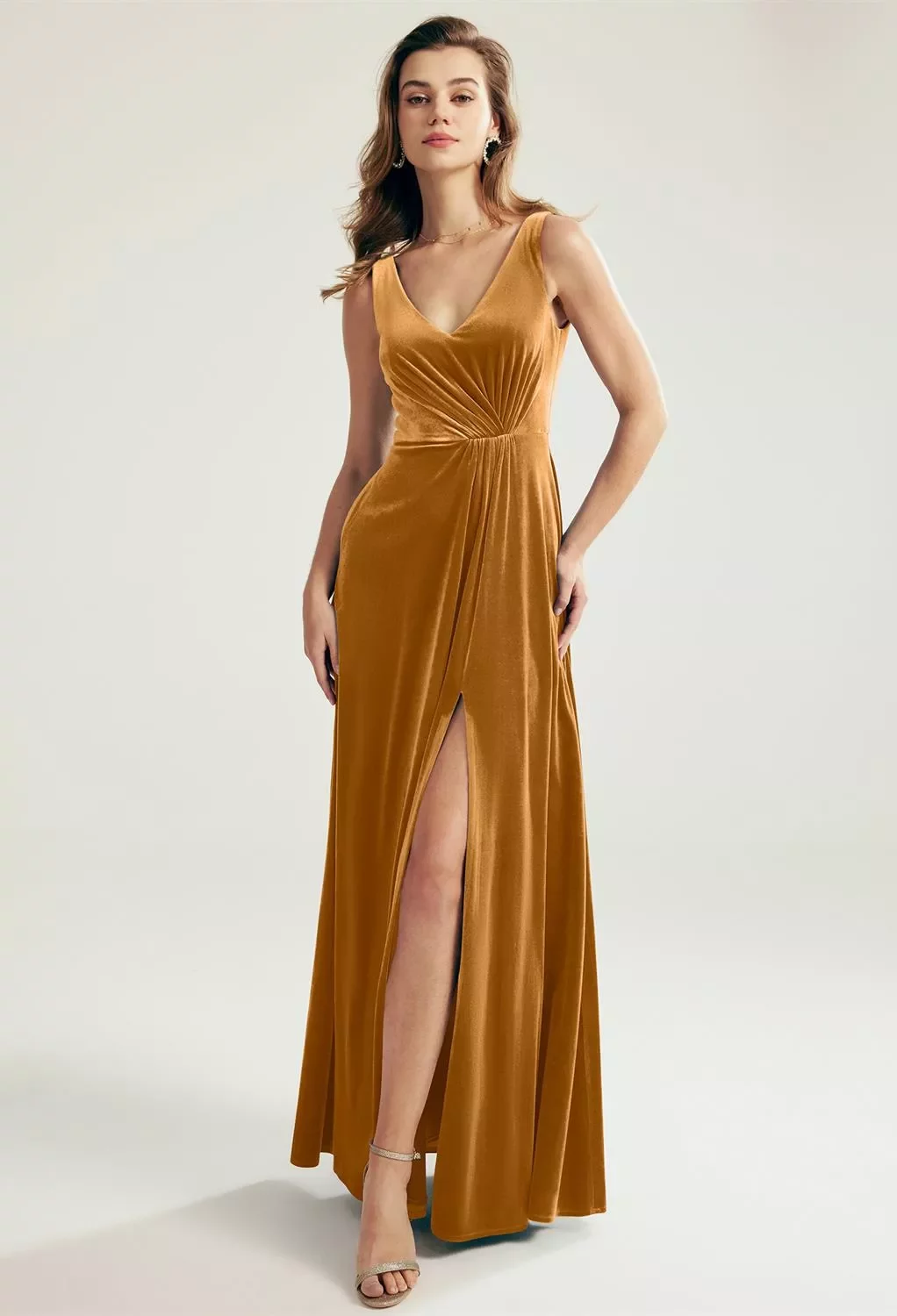 AW Marjorie Dress, Burnished Gold Velvet Floor Length V-Neck