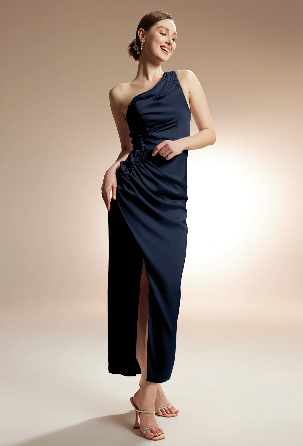 AW Myrtle Dress, Champagne Satin Charmeuse Ankle Length One Shoulder Bridesmaid  Dresses | AW.Bridal