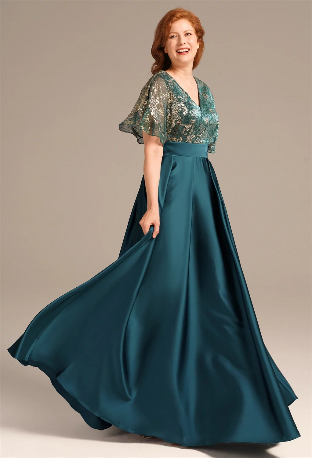 best evening dress style for plus size Peacock Shiny Satin Long Dress With Open Back And Beaded Lace Embellis