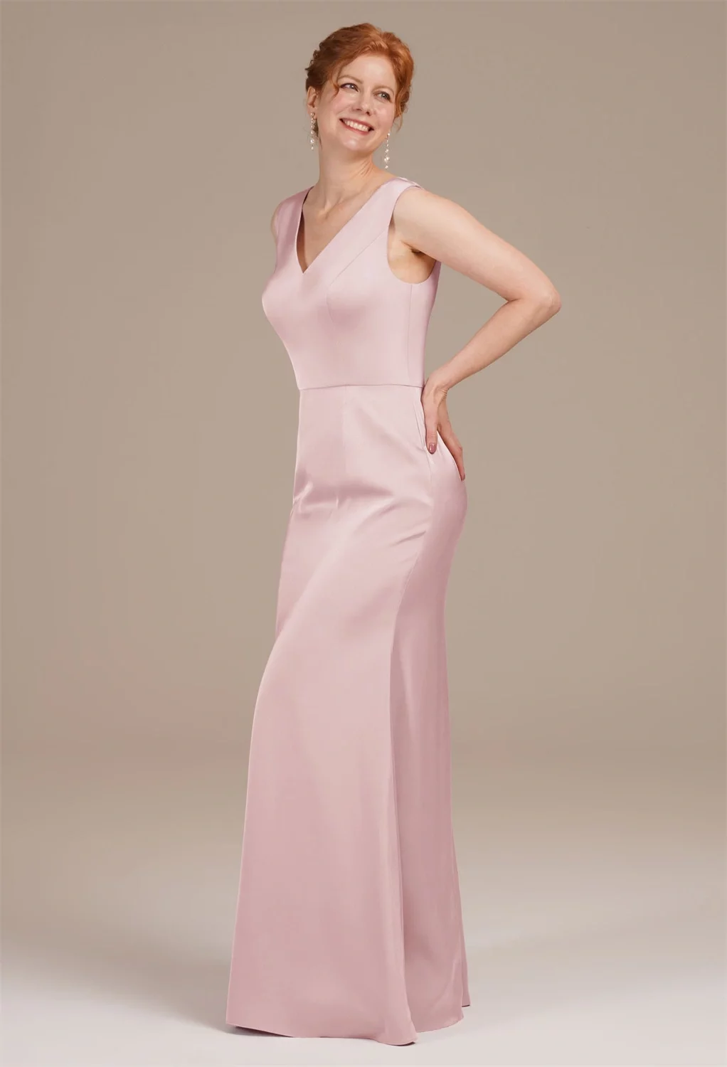 AW Loraine Dress, Champagne Satin Charmeuse Floor Length V-Neck