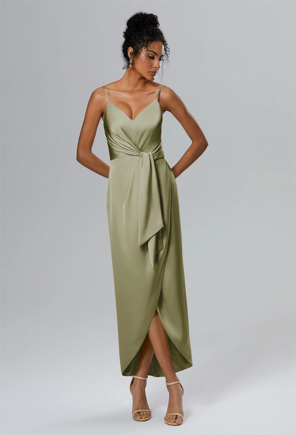 leonora party dress AW.Bridal Column V-Neck Hi Lo Sleeveless Spaghetti Straps Satin Long Bridesmaid Dresses Dress Timber Wolf Size 16