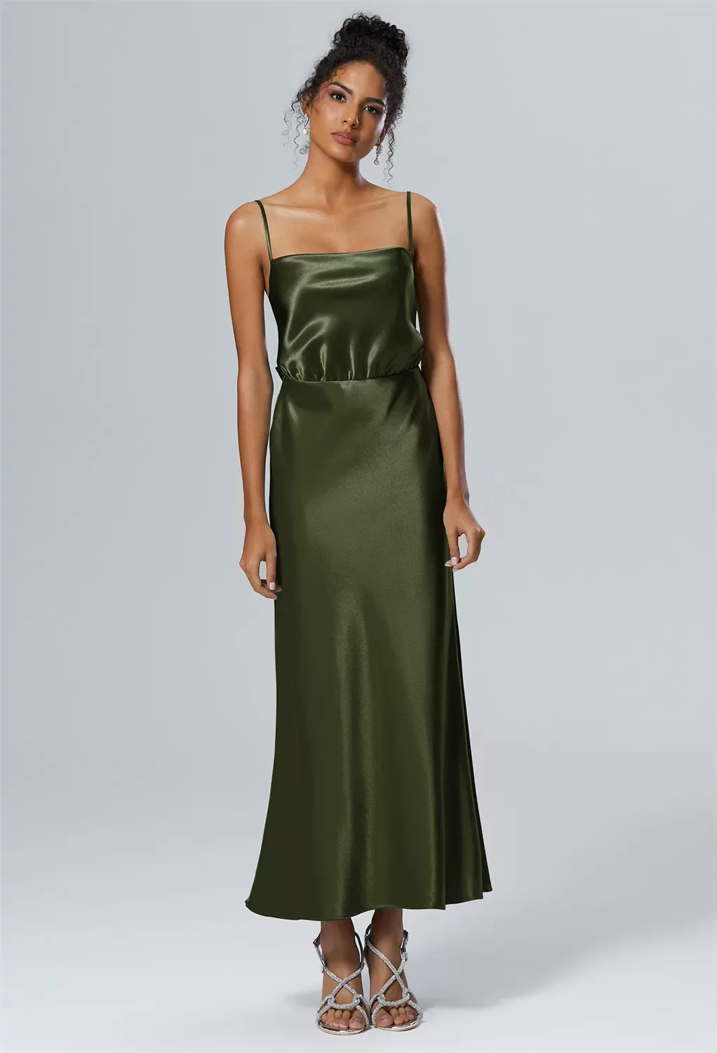 AW Lettice Dress, Green Olive Crystal Satin Satin Charmeuse Ankle Length  Square Neckline Bridesmaid Dresses | AW.Bridal