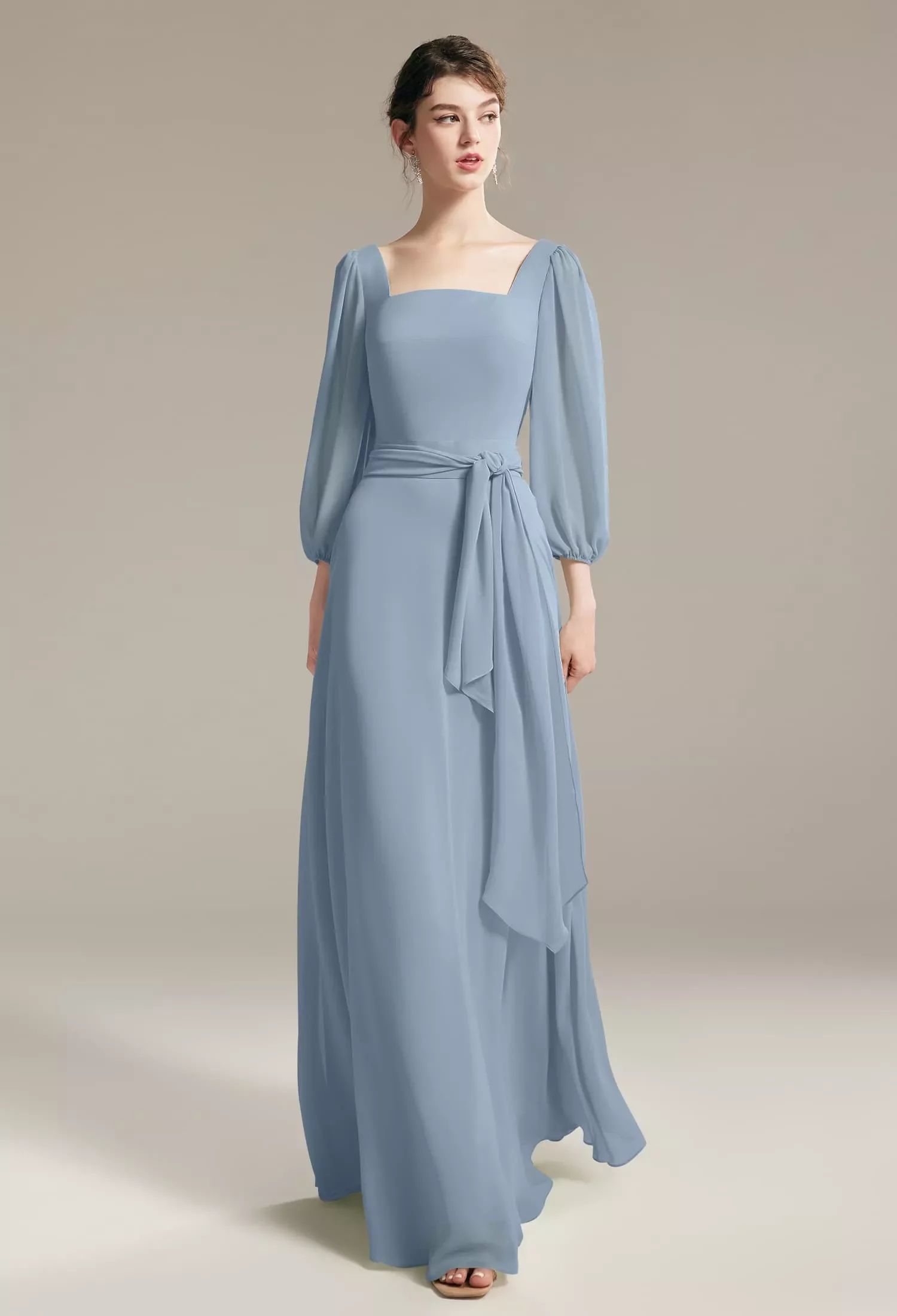 AW.Bridal A-Line Square Neckline Floor Length 3/4 Sleeves Sash/Ribbon Long Bridesmaid Dresses Dress Steel Gray Size 16