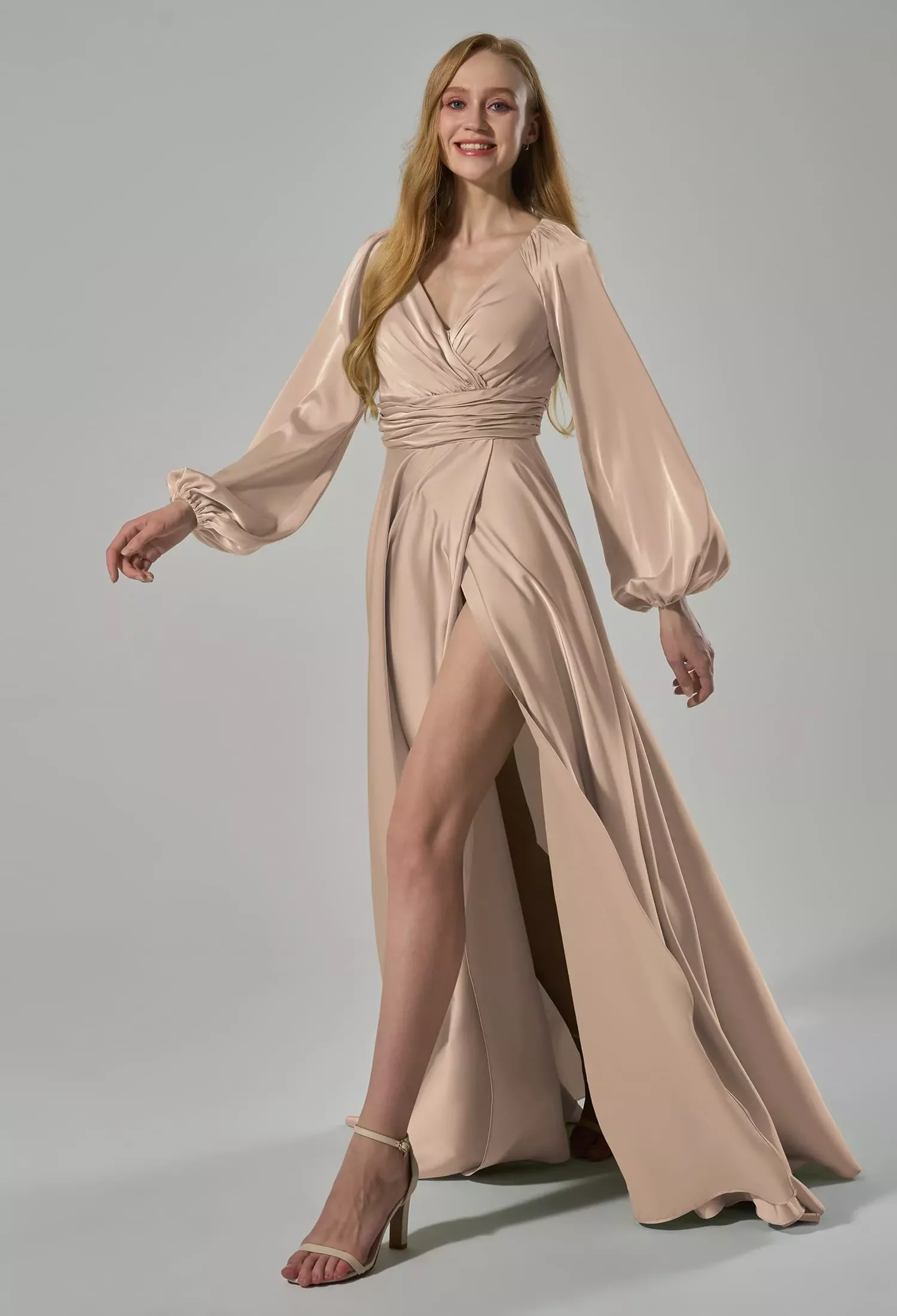 AW.Bridal A-line V-Neck Floor Length Long Sleeves Puff Sleeves Satin Ruching Long Bridesmaid Dresses Dress Pearl Pink Size 4