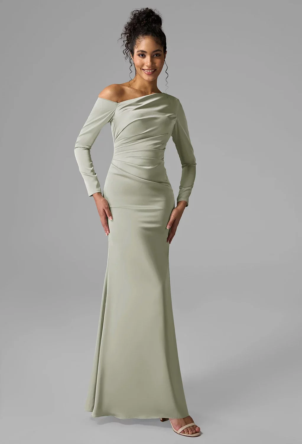 AW.Bridal Mermaid One Shoulder Floor Length Satin Long Bridesmaid Dresses Dress Sage Green Size 18