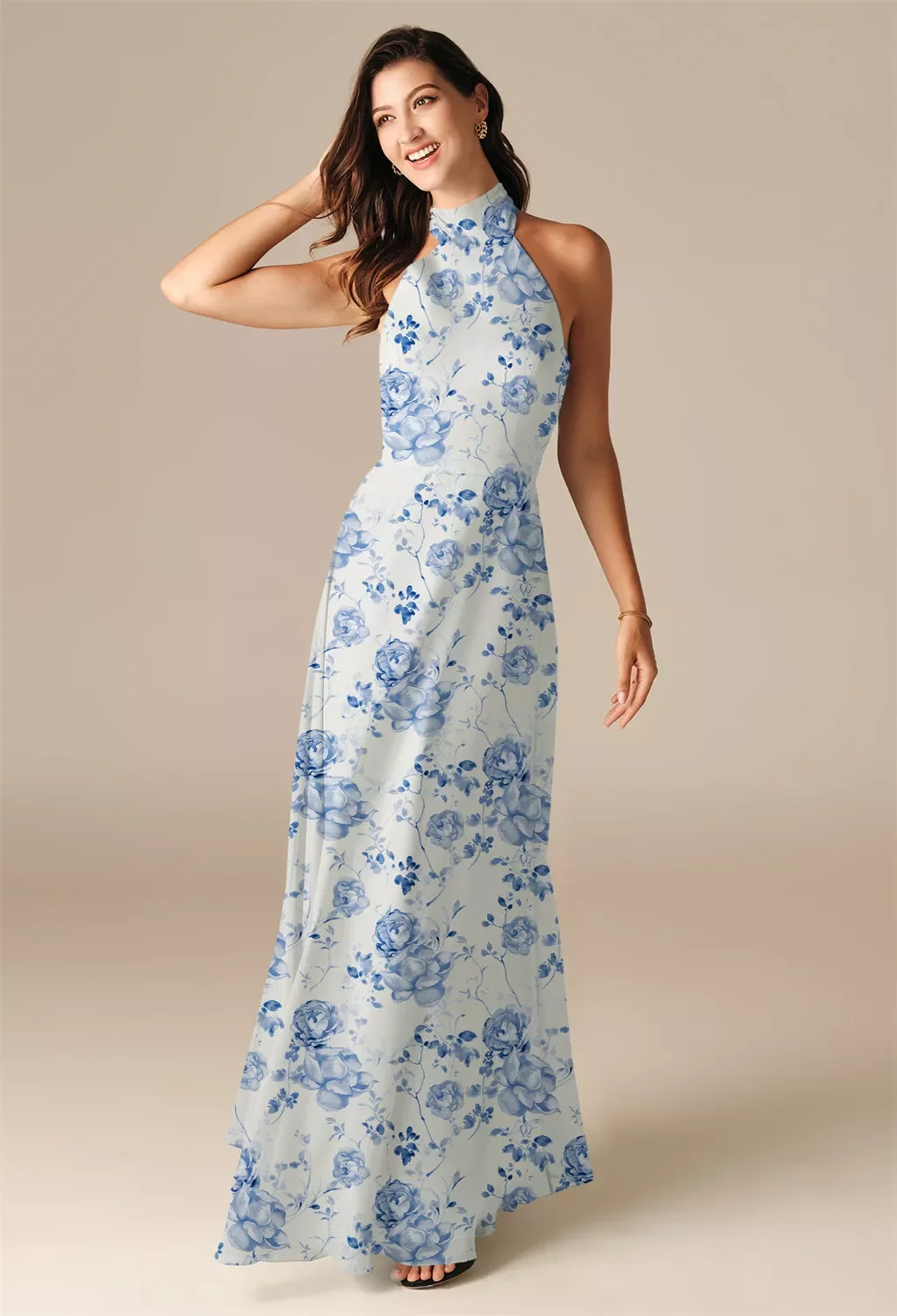 AW Adrienne Dress, Blue Botanical Floral Chiffon Floor Length Halter  Neckline Bridesmaid Dresses | AW.Bridal