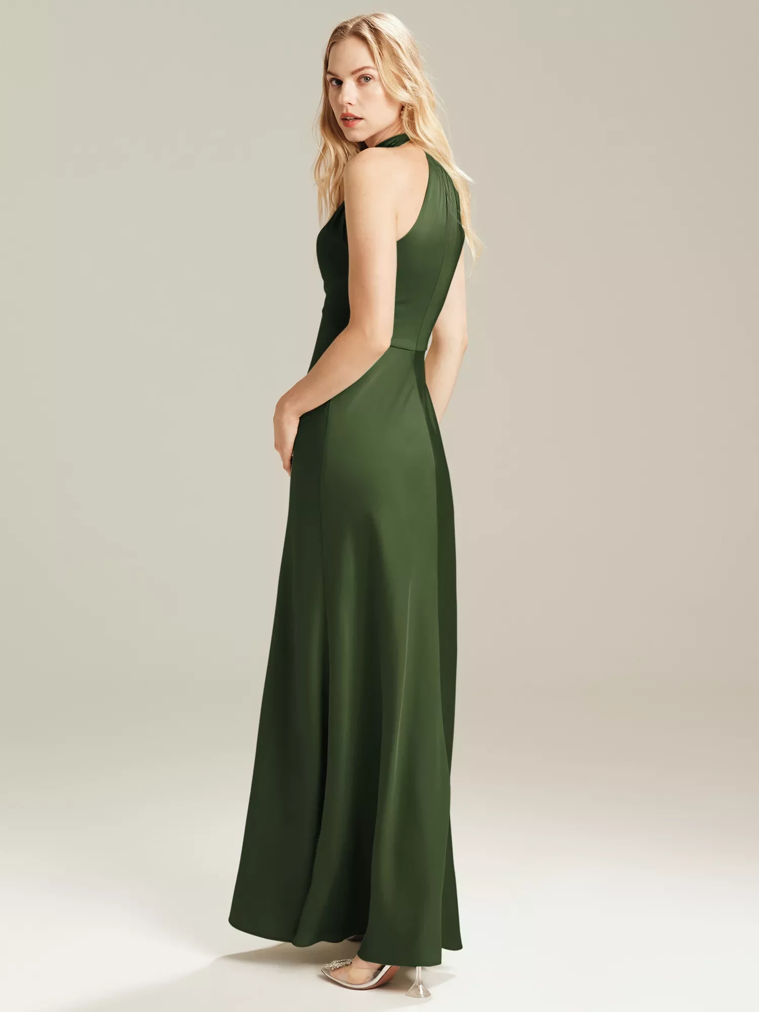 AW Janina Dress, Green Olive Crystal Satin Satin Charmeuse Stretch