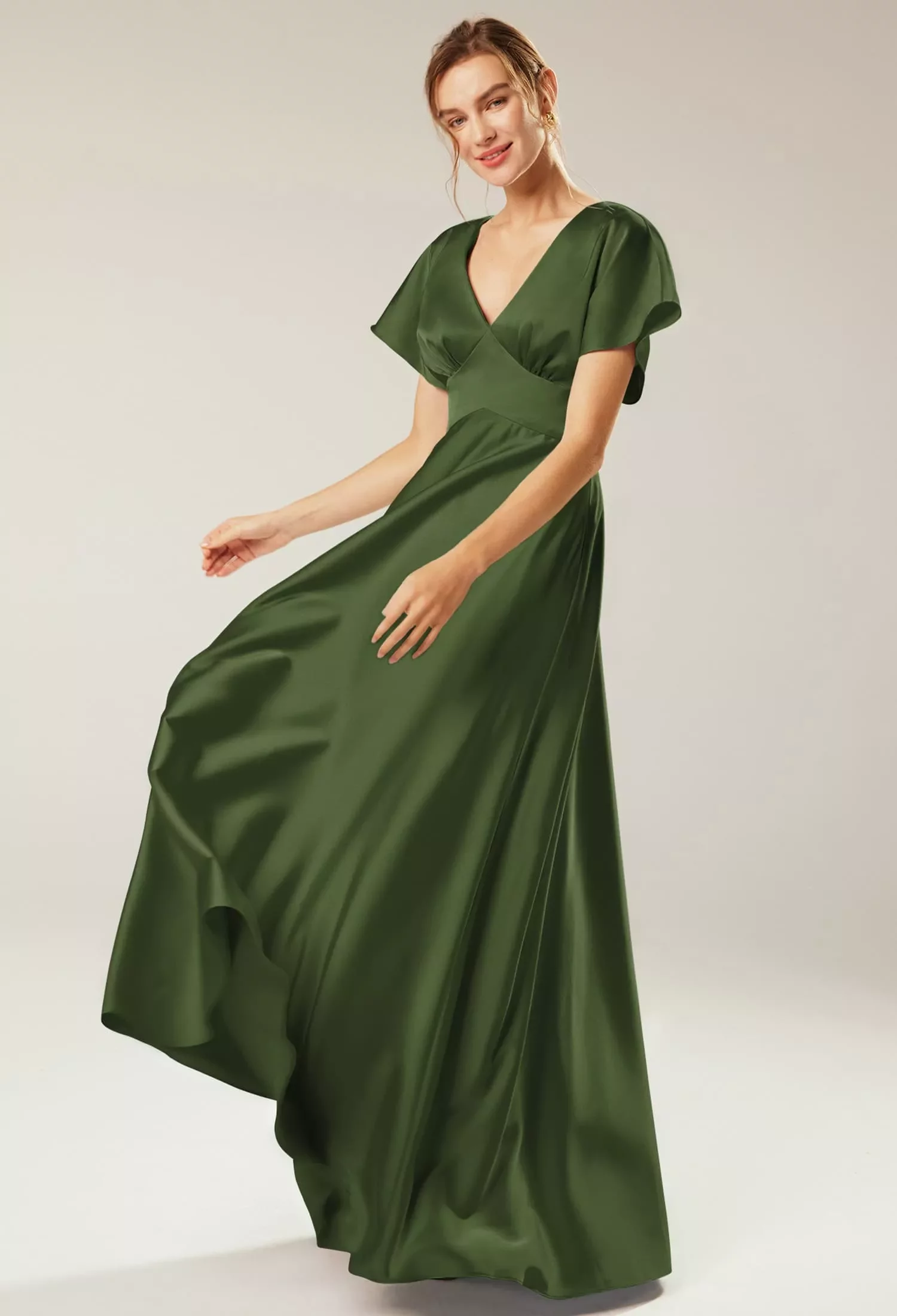 AW Nora Dress, Sage Green Satin Charmeuse Floor Length V-Neck