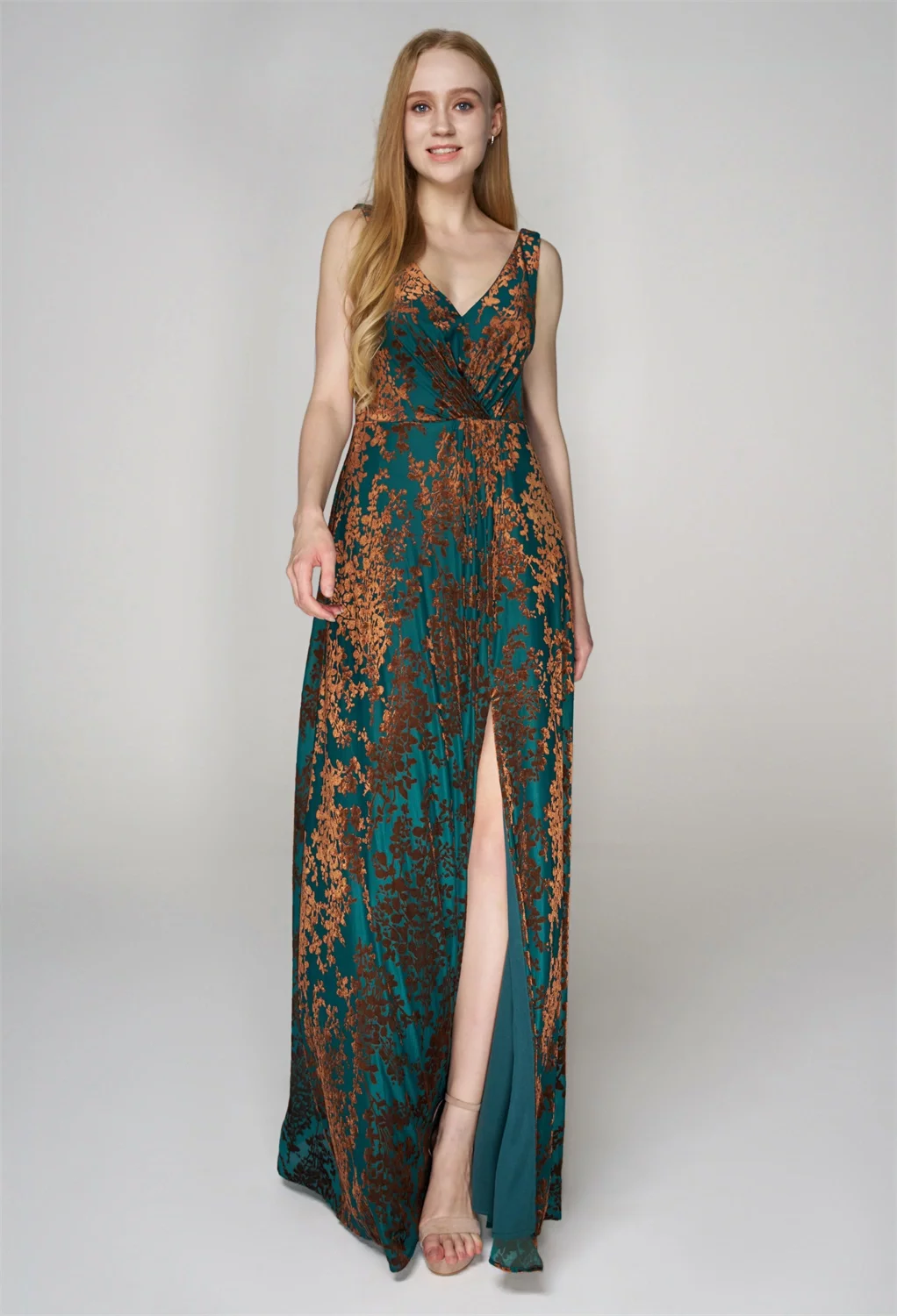 AW Marjorie Dress, Burnished Gold Velvet Floor Length V-Neck