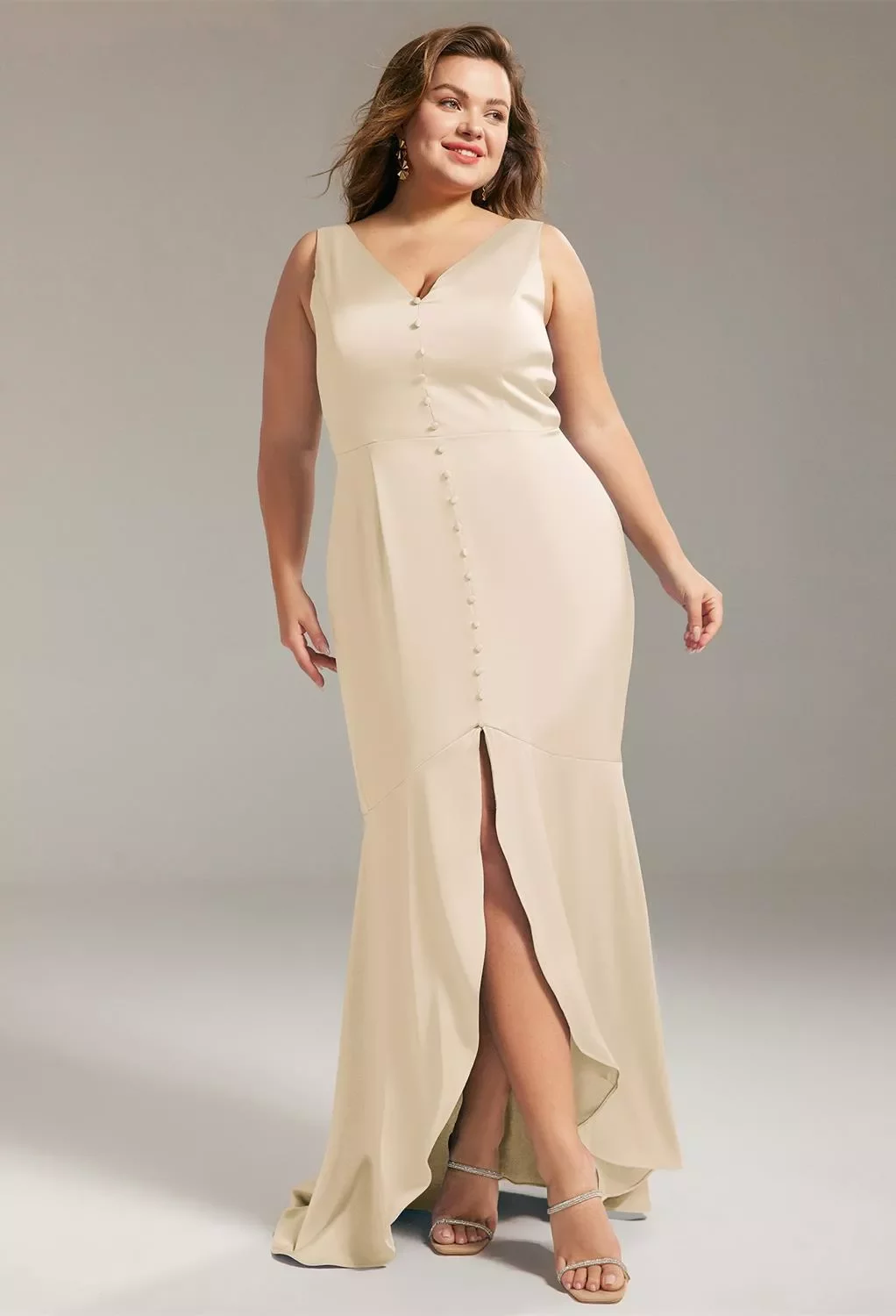 AW Adagio Dress, Champagne Satin Charmeuse Floor Length V-Neck Bridesmaid  Dresses