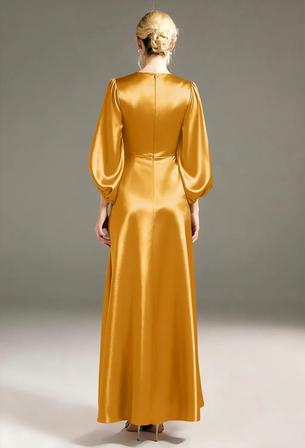 AW.Bridal A-line V-Neck Floor Length Puff Sleeves Satin Split Long Bridesmaid Dresses Dress Coronet Blue Size 18