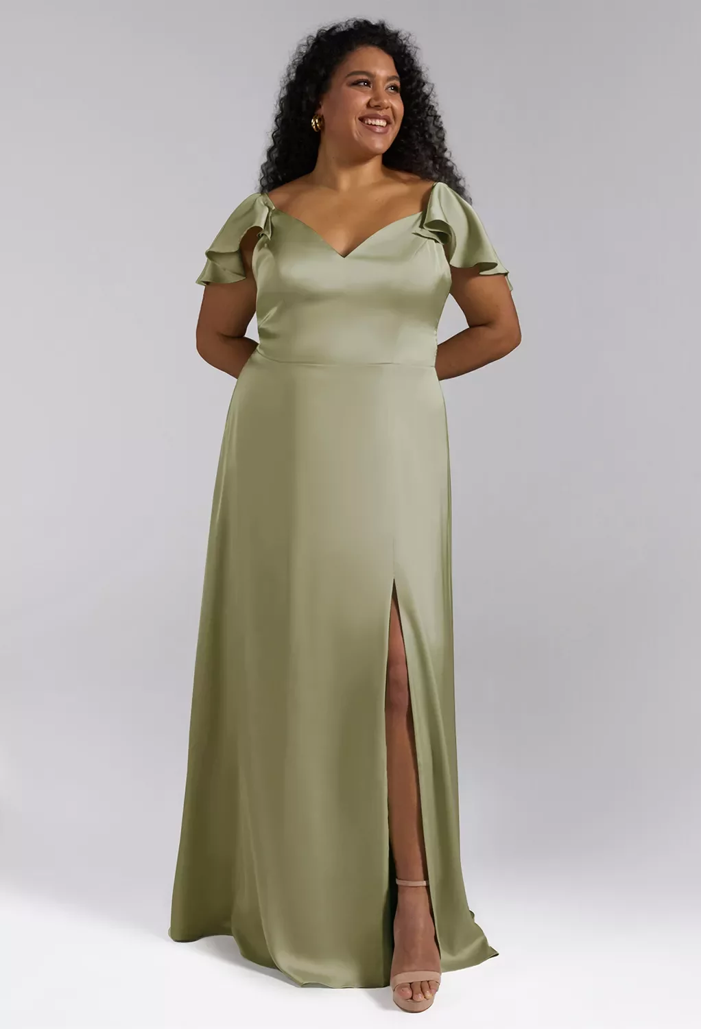 AW Lotus Dress, Taupe Crystal Satin Satin Charmeuse Floor Length V
