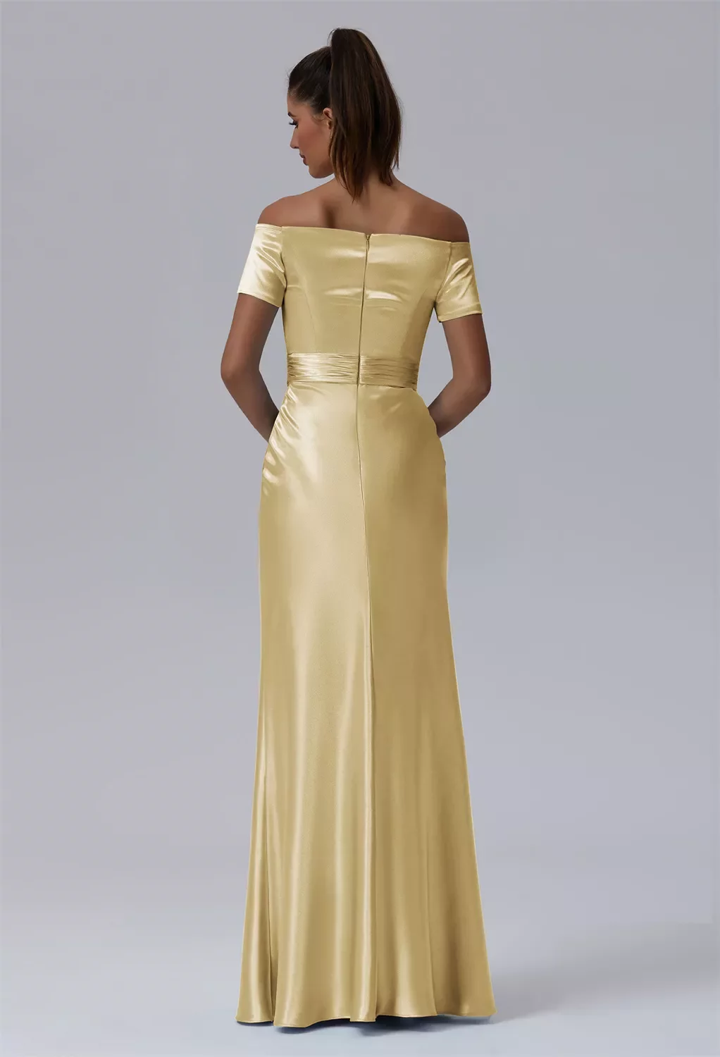 gold taffeta bridesmaid dresses AW.Bridal Mermaid Straight Neckline Floor Length Off the Shoulder Short Sleeves Crystal Satin Long Dress Light Size 18 Size:40