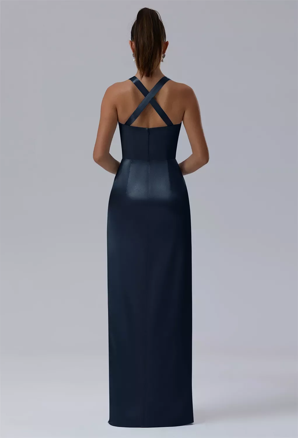 AW.Bridal Column Halter Neckline Sleeveless Spaghetti Straps Crystal Satin Split Crisscross Back Long Bridesmaid Dresses Dress Navy Size 8