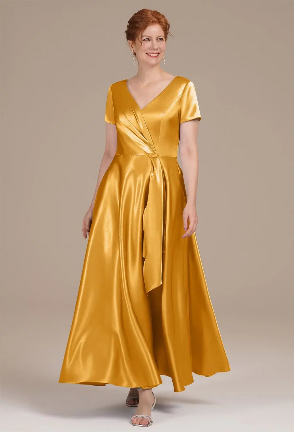 AW Omukama Dress, Dusty Blue Crystal Satin Ankle Length V-Neck