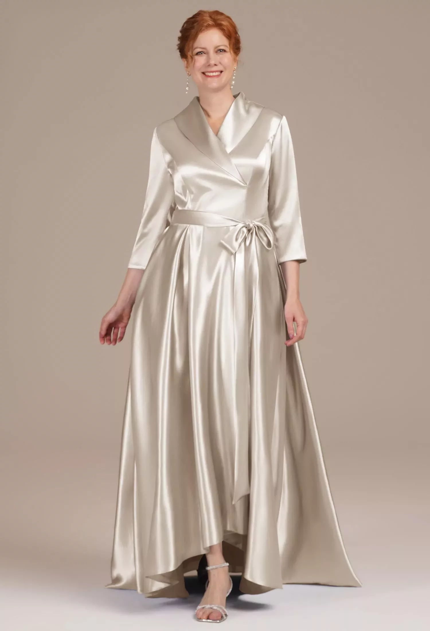 AW Silvia Dress, Blue Ashes Crystal Satin Hi Lo V-Neck Mother of