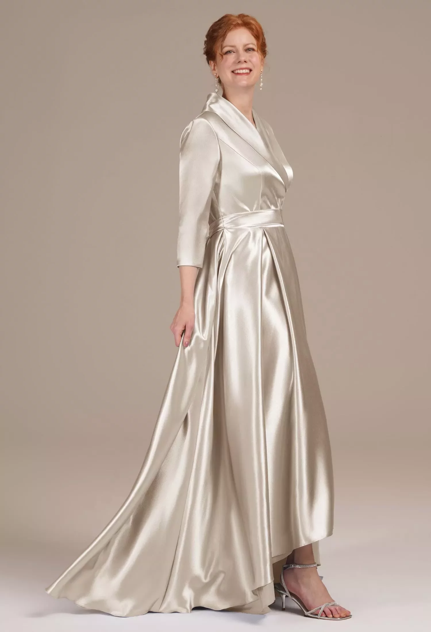 AW Silvia Dress, Blue Ashes Crystal Satin Hi Lo V-Neck Mother of