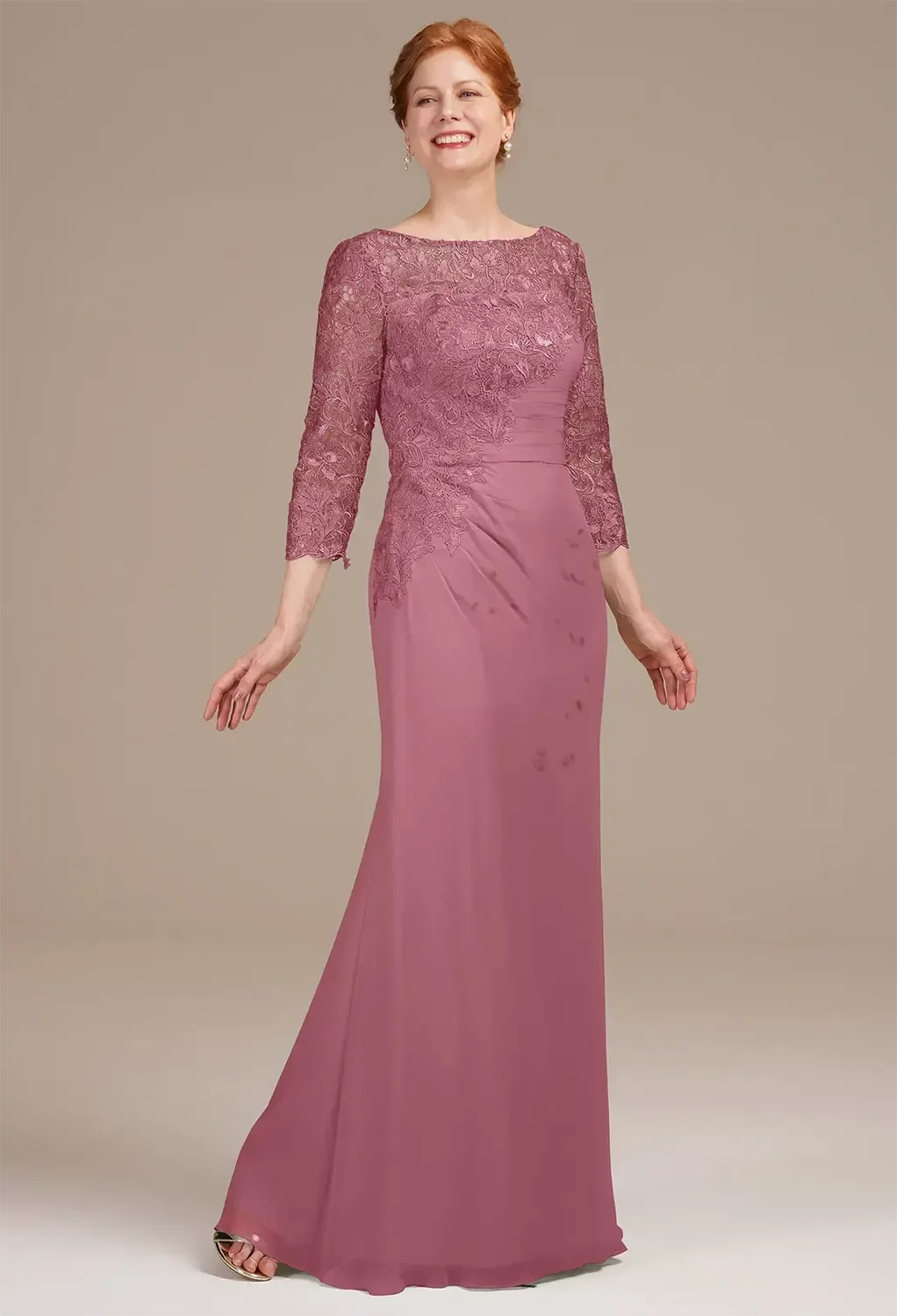 AW Zephyr Dress, Burgundy Chiffon Lace Floor Length Bateau