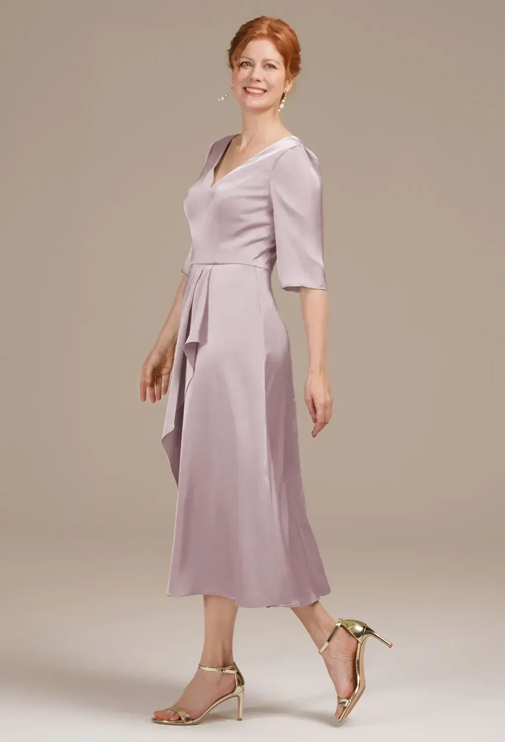 スーツ・フォーマル・ドレス Ameri VINTAGE AIRY SIEEVE TIGHT DRESS AW Zephyrine Dress, Deep Claret Satin Charmeuse Tea Length V-Neck