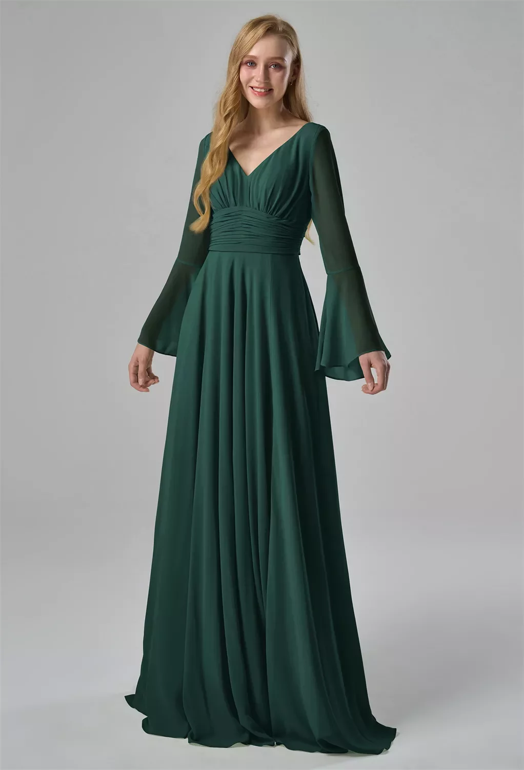 AW.Bridal A-line V-Neck Floor Length Long Sleeves Chiffon Ruching Split Long Bridesmaid Dresses Dark Emerald Size 4 AW.Bridal A-line V-Neck Floor Length Long Sleeves Chiffon Ruching Split Long Bridesmaid Dresses Dark Emerald Size 4