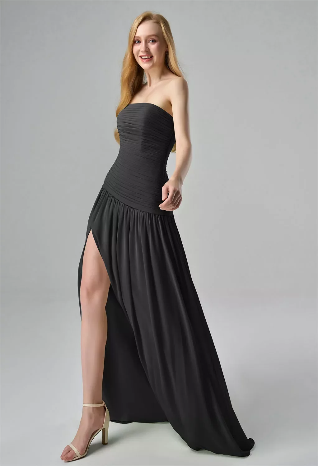 AW Safia Dress, Black Chiffon Floor Length Straight Neckline