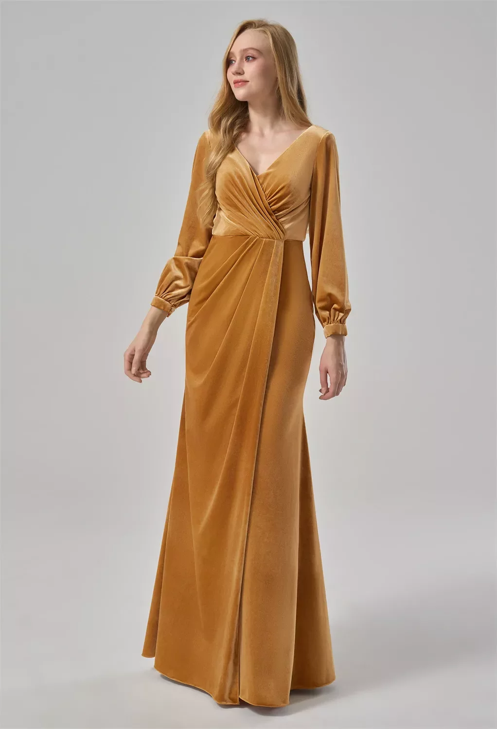 AW Borage Dress, Burnished Gold Velvet Floor Length V-Neck Bridesmaid  Dresses | AW.Bridal