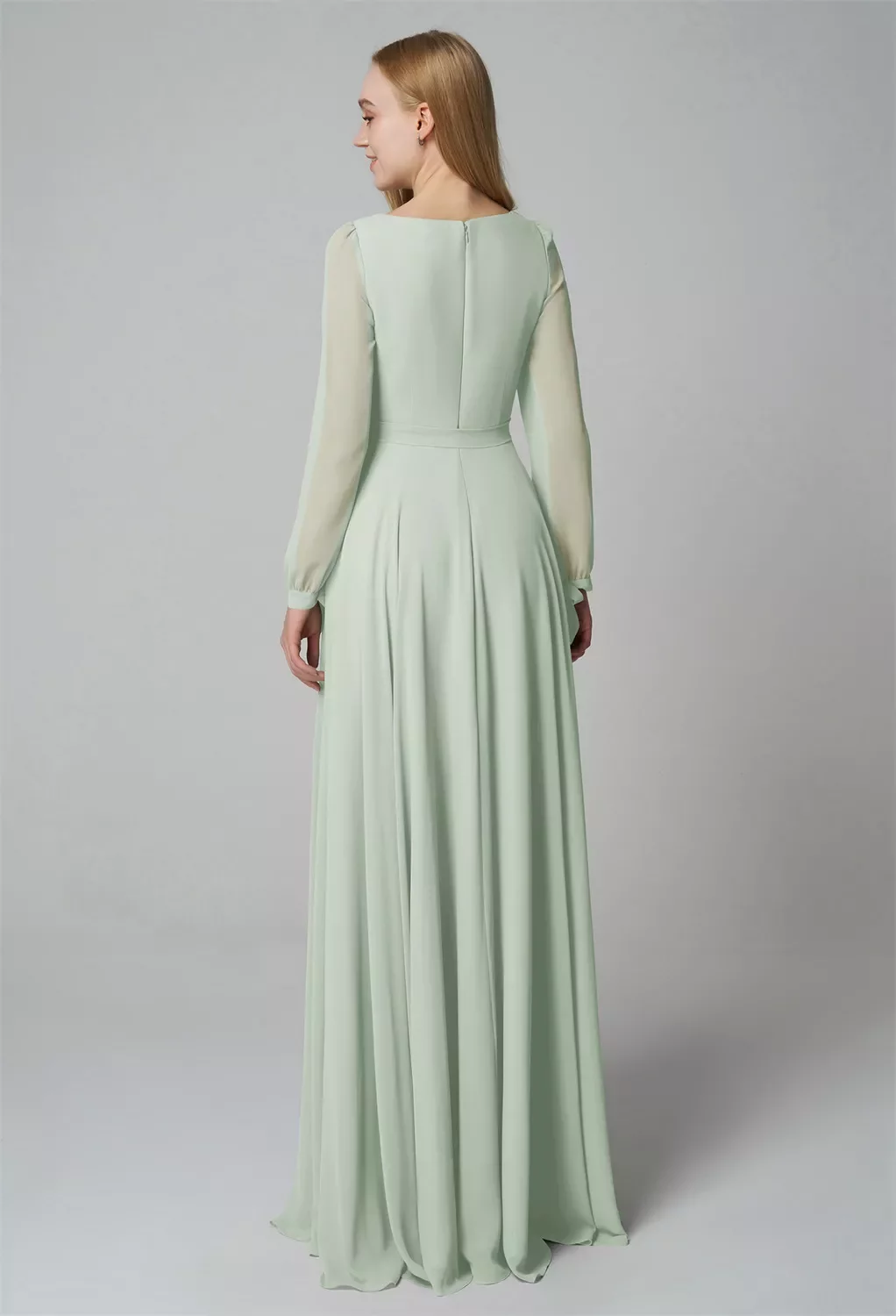 AW.Bridal A-line Square Neckline Floor Length Long Sleeves Chiffon Pleat Split Long Bridesmaid Dresses Sage Green Size 6