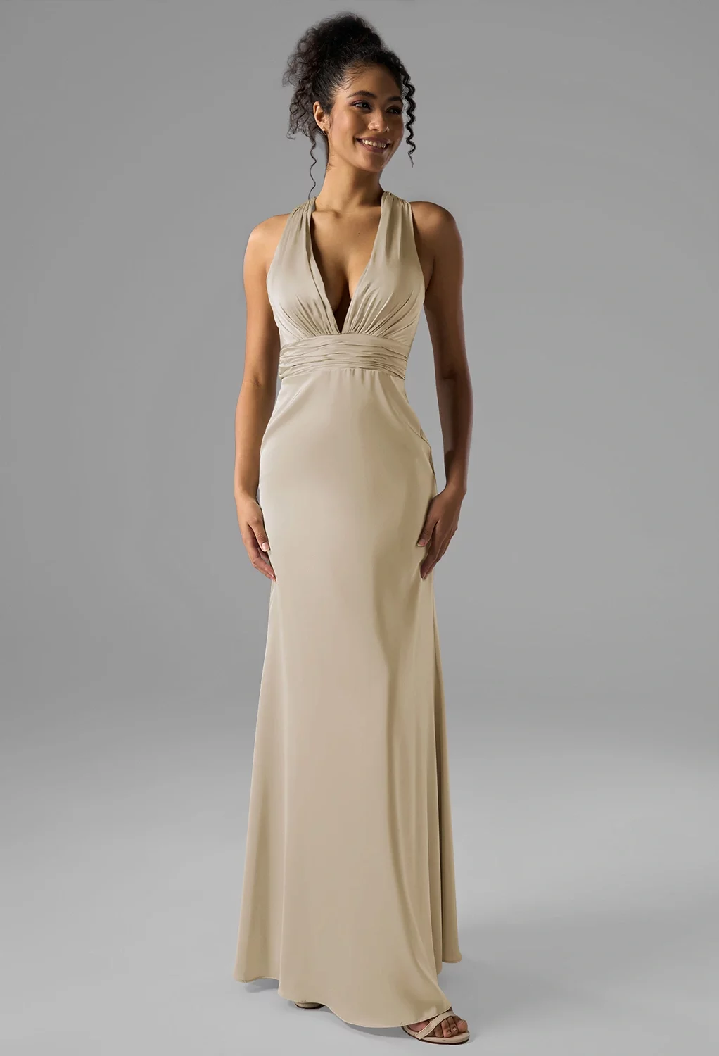 AW.Bridal Bridesmaid Dresses Stretch Satin A-line V-Neck Floor Length Backless Crisscross Back Dress Light Gold Size 6