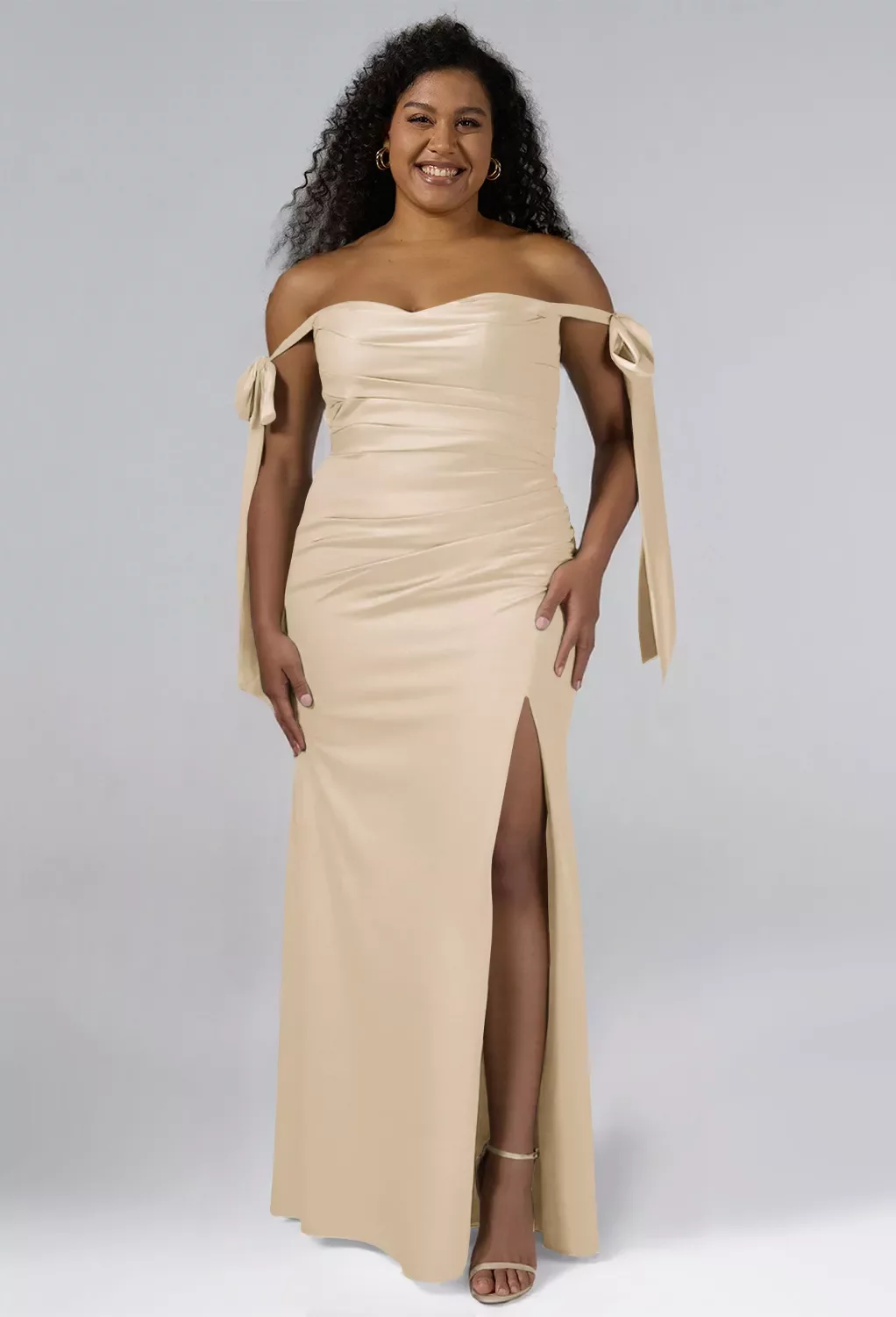 AW Shauna Dress, Taupe Crystal Satin Satin Charmeuse Stretch Satin