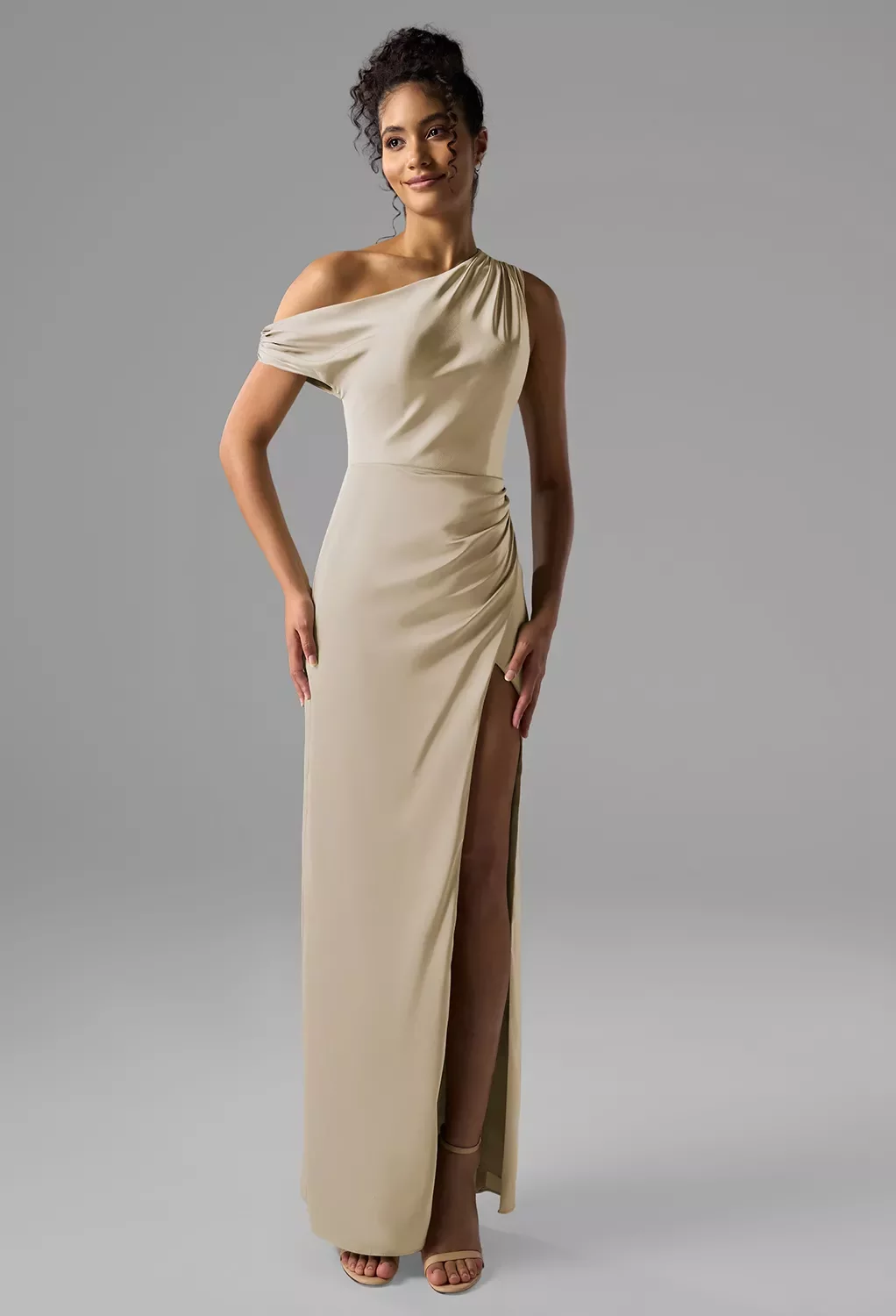 AW Rihanna Dress, Champagne Crystal Satin Satin Charmeuse Stretch Satin Floor Length One Shoulder Bridesmaid Dresses