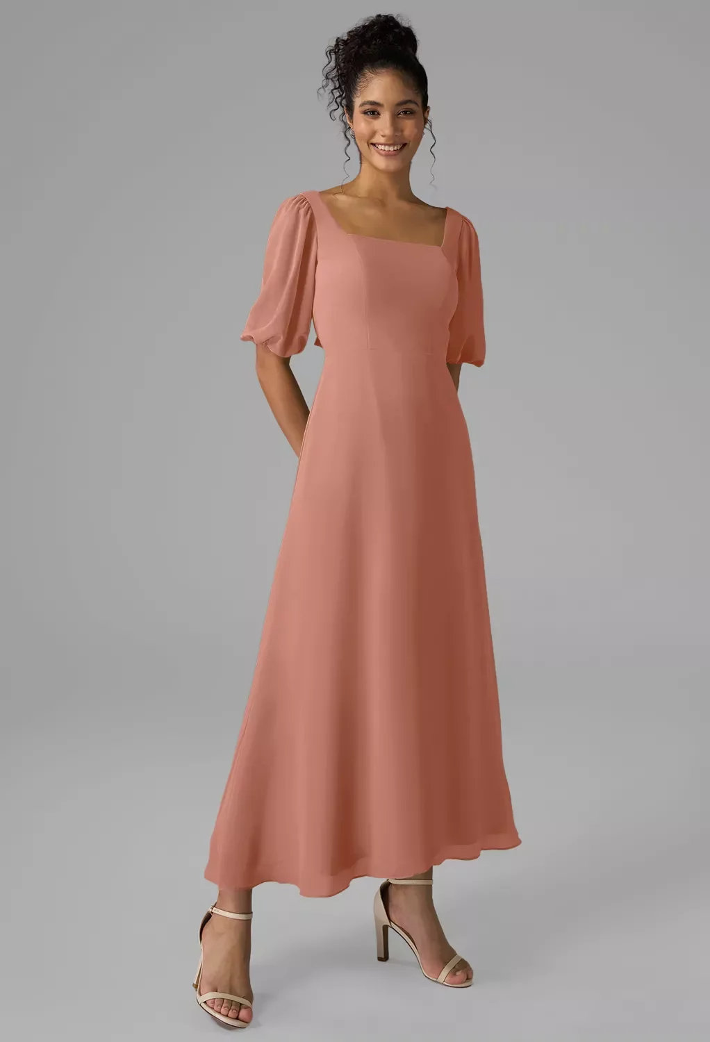 AMERI CLOUD FLARE DRESS ブラウンS AW Rowan Dress, Rose Pink Chiffon Ankle Length Square