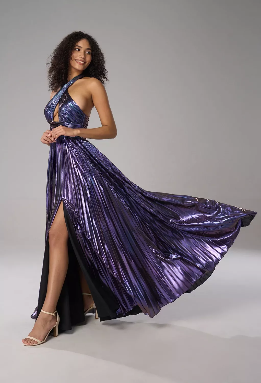 AW Rio Dress, Dark Purple Shimmer Pleated Mesh Floor Length Halter Neckline  Prom Dresses | AW.Bridal